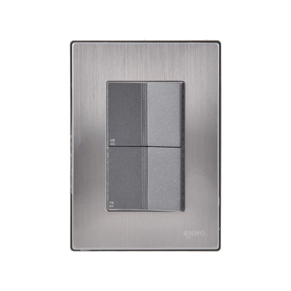 Placa Igoto para 2 apagadores escalera con 4 botones pulsadores grises, acero inoxidable cepillado.