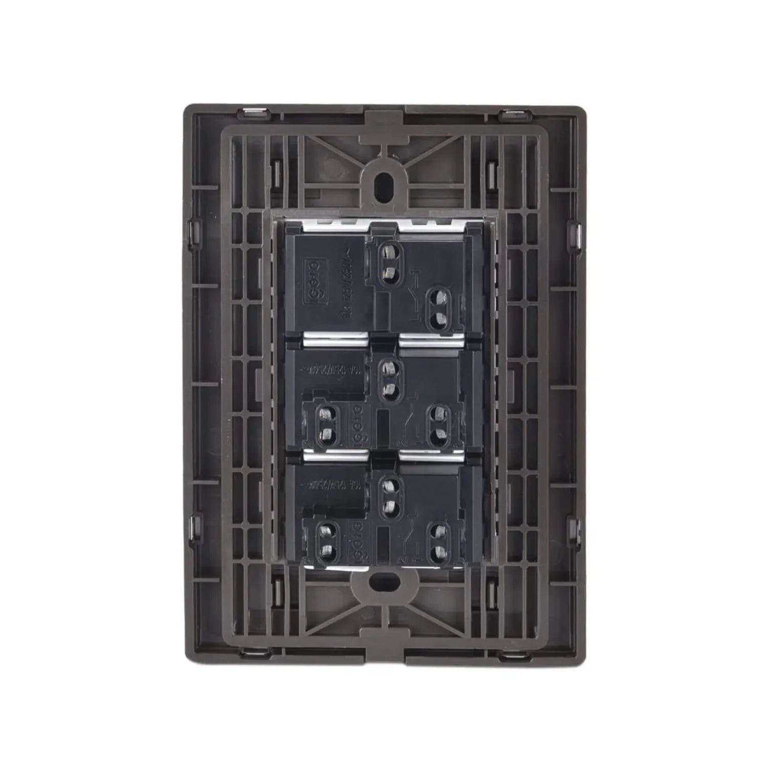 Módulo eléctrico con tres interruptores tipo tecla color café, diseño modular para empotrar en pared 10A 250V