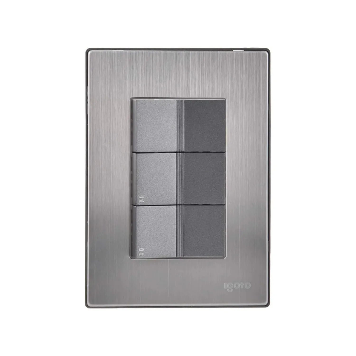 Apagador triple Igoto color gris acero con placa metálica cepillada diseño moderno decorativo