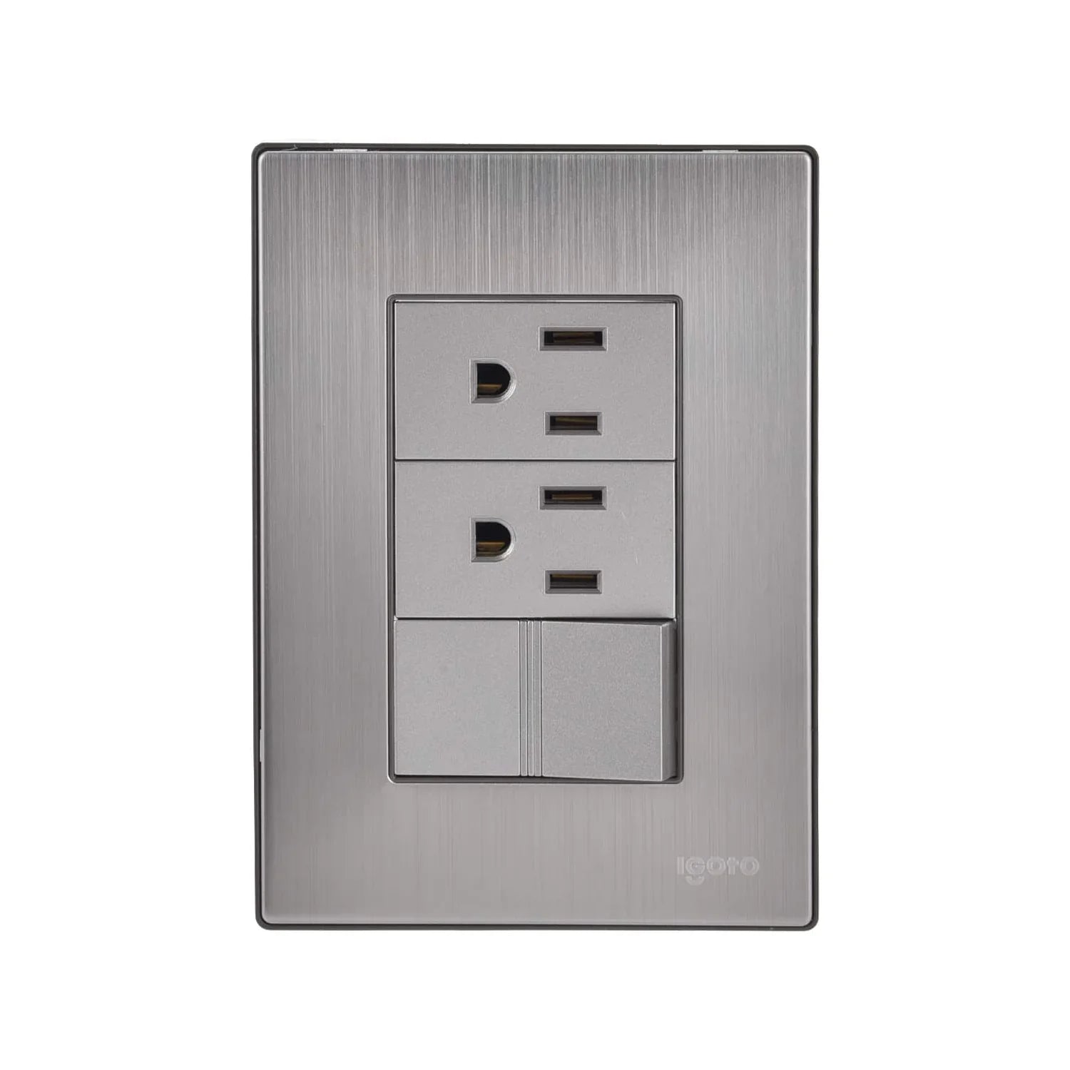 Fabricada de acero inoxidable.,Placa un apagador y dos contactos.,Mecanismos de cobre y latón.,240 V - 10 A - 60 Hz,Policarbónato auto extinguible.,Fácil de instalar.
