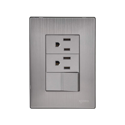 Fabricada de acero inoxidable.,Placa un apagador y dos contactos.,Mecanismos de cobre y latón.,240 V - 10 A - 60 Hz,Policarbónato auto extinguible.,Fácil de instalar.