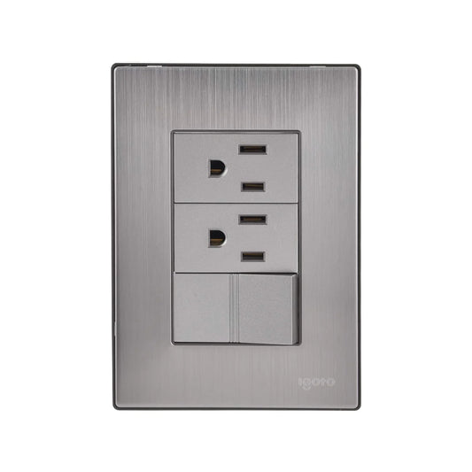 Fabricada de acero inoxidable.,Placa un apagador y dos contactos.,Mecanismos de cobre y latón.,240 V - 10 A - 60 Hz,Policarbónato auto extinguible.,Fácil de instalar.