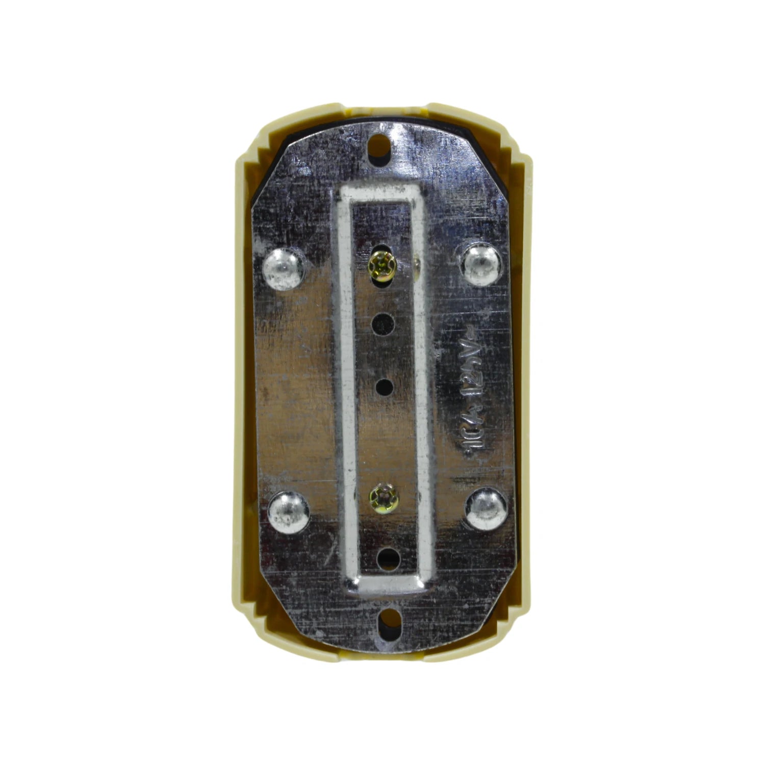 Vista trasera de contacto doble polarizado 12V color beige, con placa metálica y terminales para cableado.