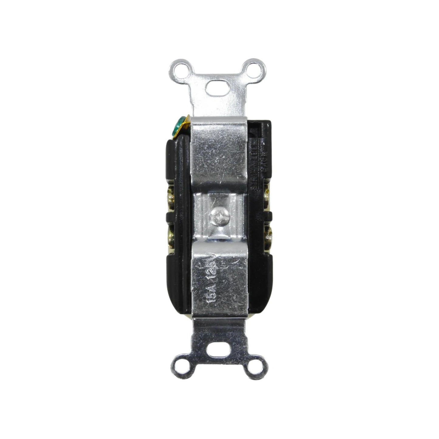 Apagador eléctrico estándar 15A 125V, montaje en pared, color plateado y negro.
