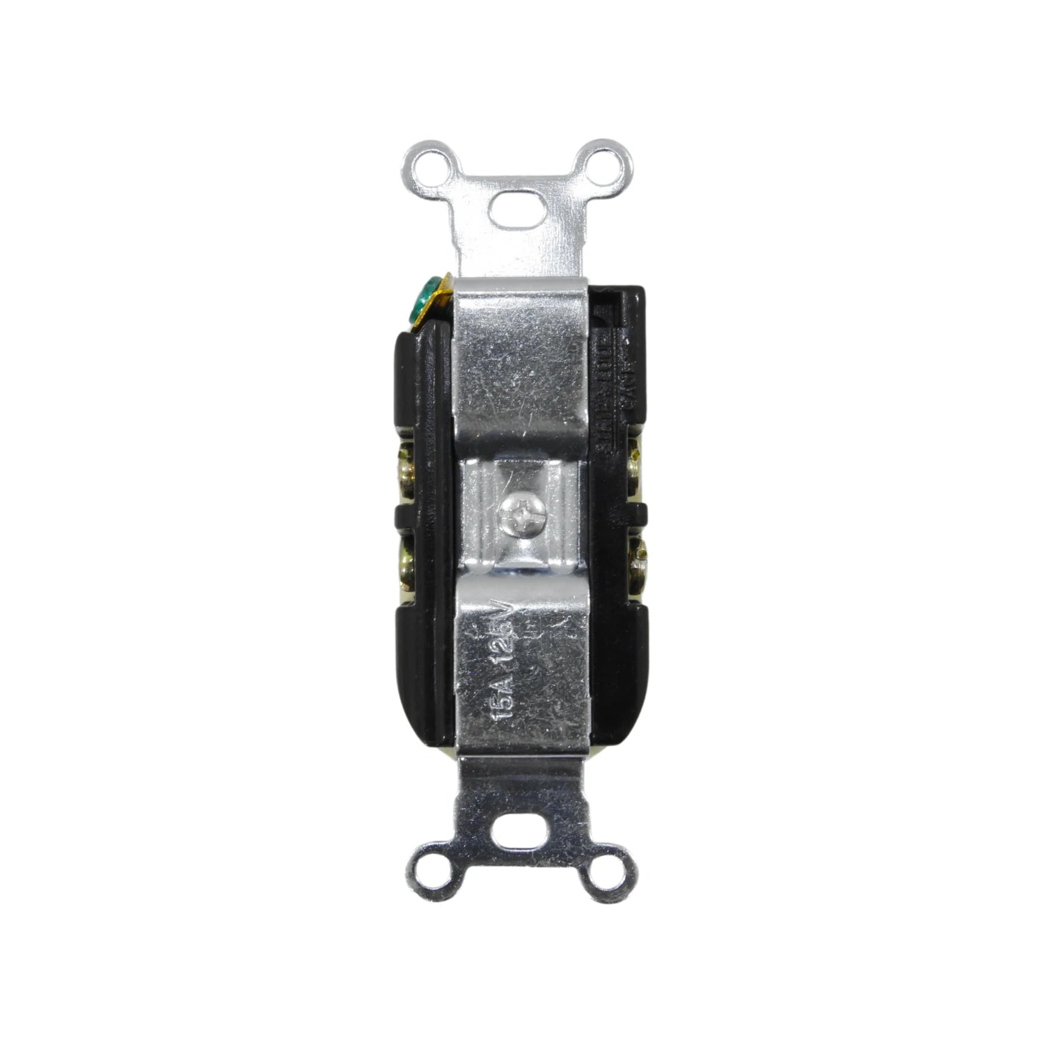 Apagador eléctrico estándar 15A 125V, montaje en pared, color plateado y negro.