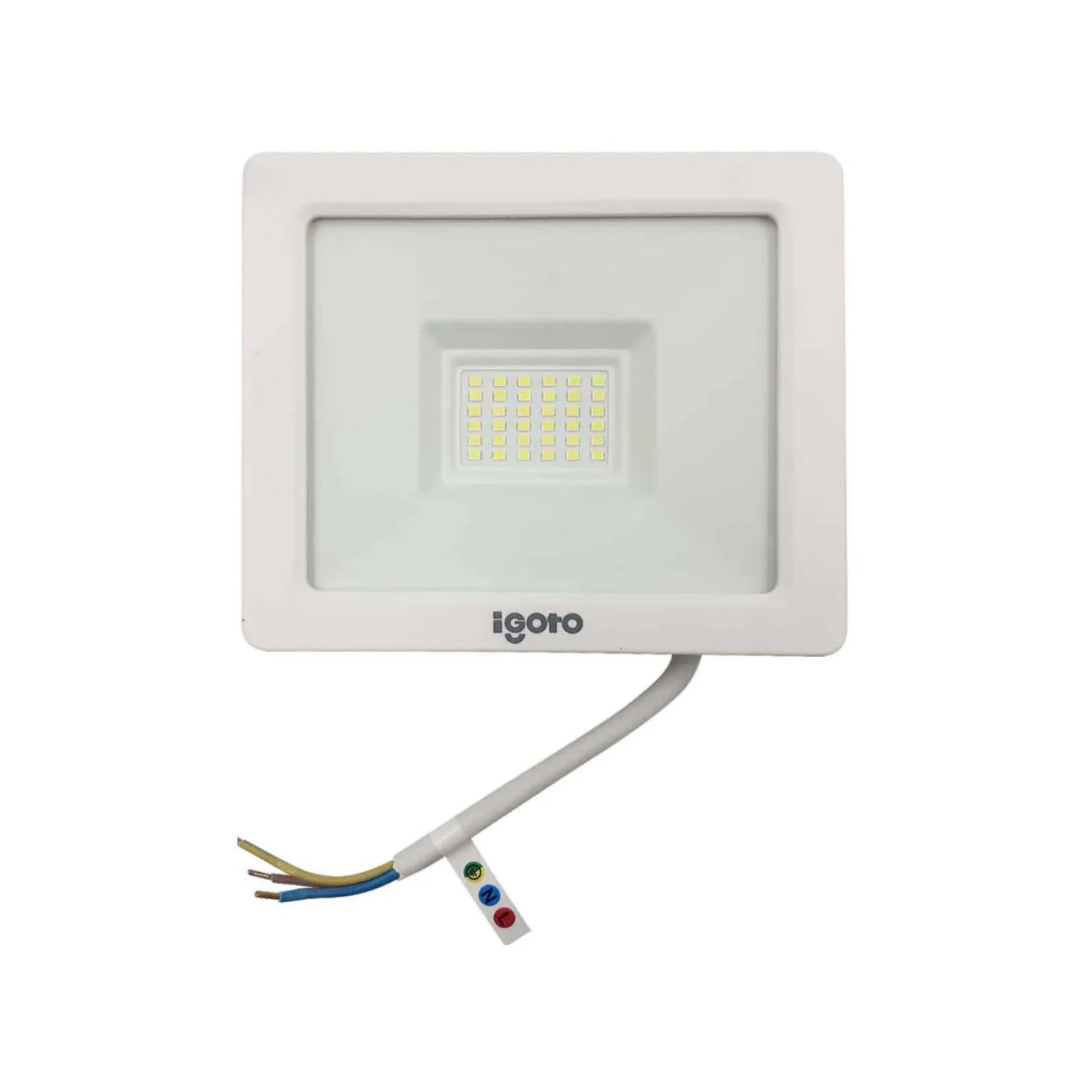 Potencia: 30 W,Lúmenes: 3000 lm,Voltaje: 110-240 V,Amperaje: 0,3 A,Frecuencia: 50/60 Hz,Temperatura: 6500k (luz fría).,Vida útil: 30,000 horas.,Grado de protección: IP65,Consumo de energía en operación: 29,93 WH.,Conexión por cableado.,Tipo de cable: cobre con recubrimiento de caucho.,Reflector LED,Cubierta de aluminio.,Marco protector color blanco.,Cubierta cristal templado.