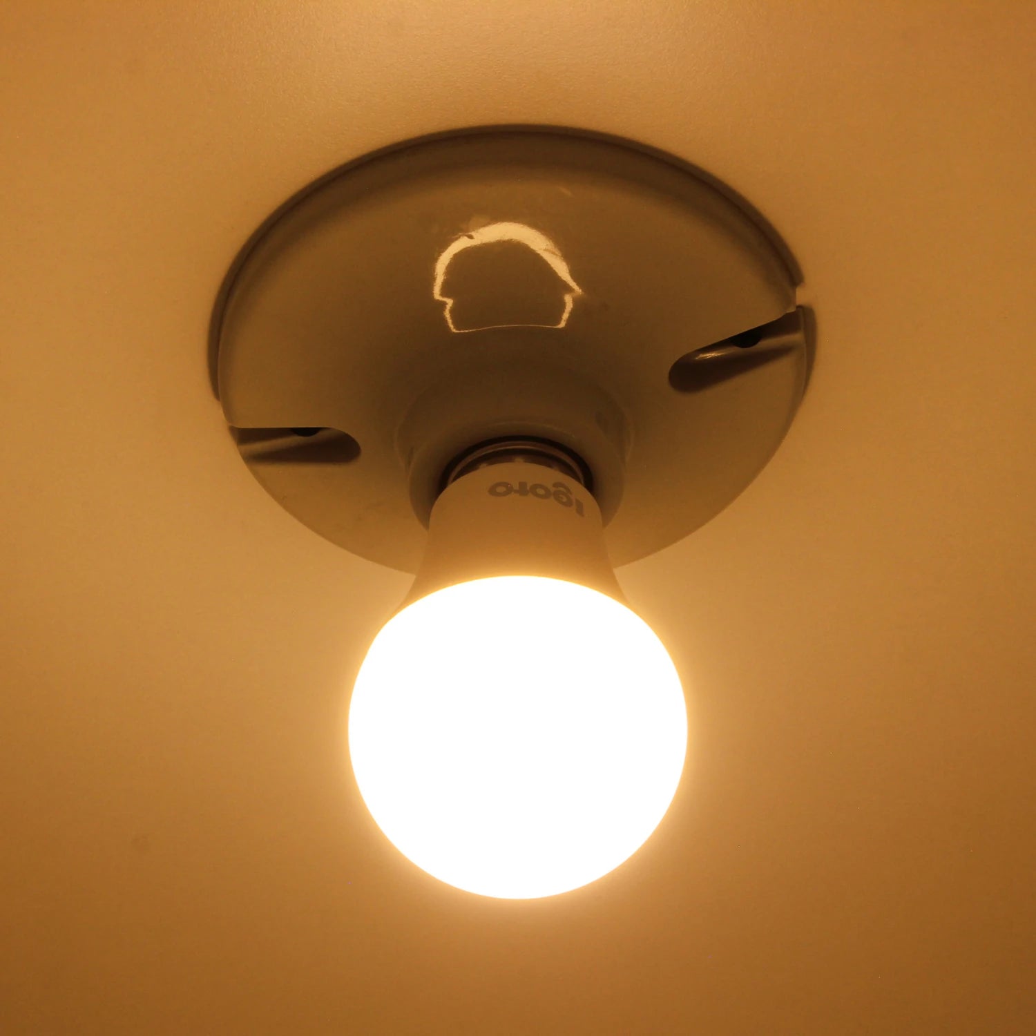 Foco LED Igoto de luz cálida encendido, montado en portalámparas de techo para iluminación interior.