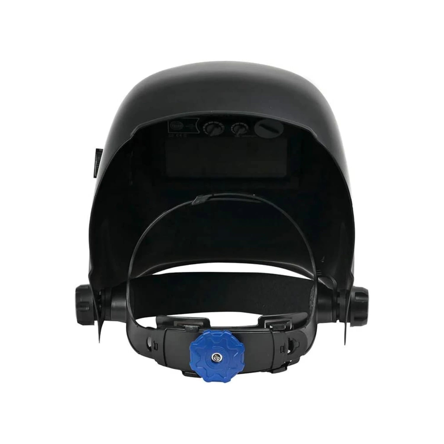 Careta para soldar automática negra con ajuste interno, perilla azul y controles de oscuridad.