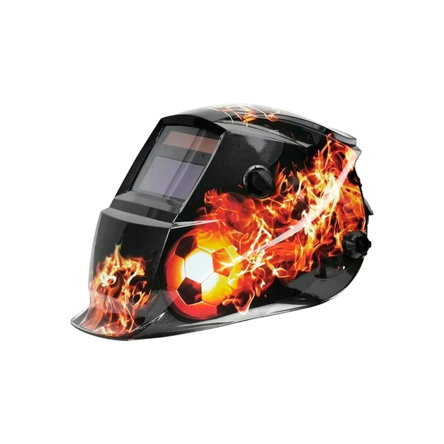 Careta para soldar automática negra con diseño de llamas y balón de fútbol Igoto
