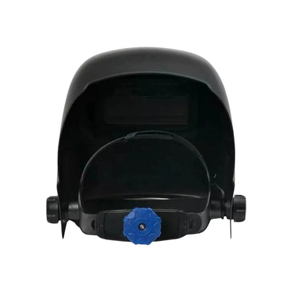 Careta automática para soldar negra con pantalla de auto-oscurecimiento y perilla de ajuste azul, protección industrial.