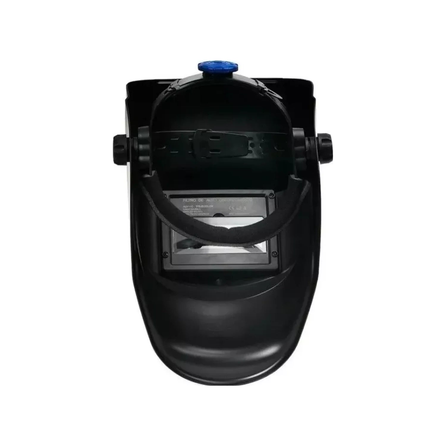 Careta para soldar automática negra vista interior con filtro auto-oscurecible y ajuste de cabeza