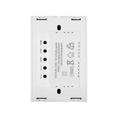 Placa de apagador doble smart WiFi blanco, vista trasera con terminales eléctricos y datos técnicos 10A 1000W