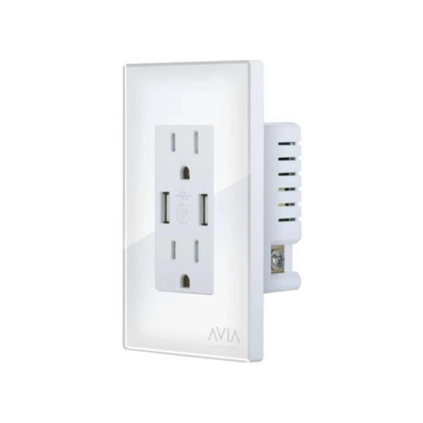 Contacto dúplex AVIA blanco, 2 tomas AC y 2 puertos USB smart WiFi, para control de energía inteligente.