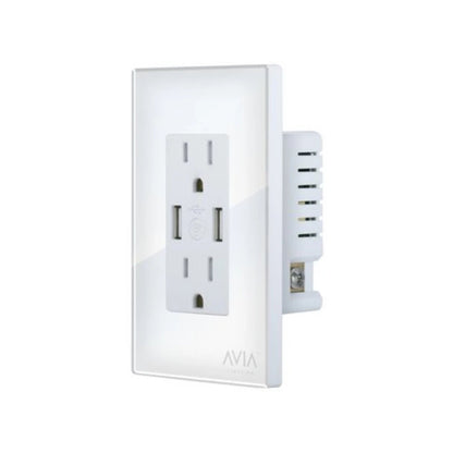 Contacto dúplex AVIA blanco, 2 tomas AC y 2 puertos USB smart WiFi, para control de energía inteligente.