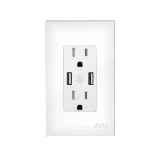 Contacto dúplex blanco AVIA con 2 puertos USB y conexión Wi-Fi inteligente para hogar smart.