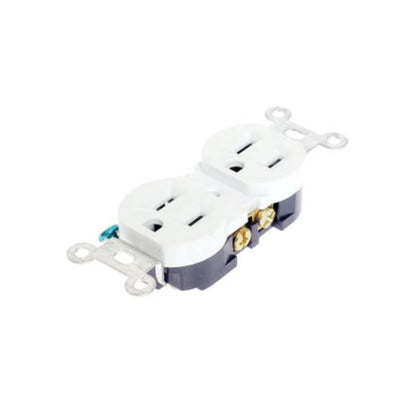 Tomacorriente dúplex blanco, dos clavijas sin tierra 15A 125V para instalaciones eléctricas residenciales