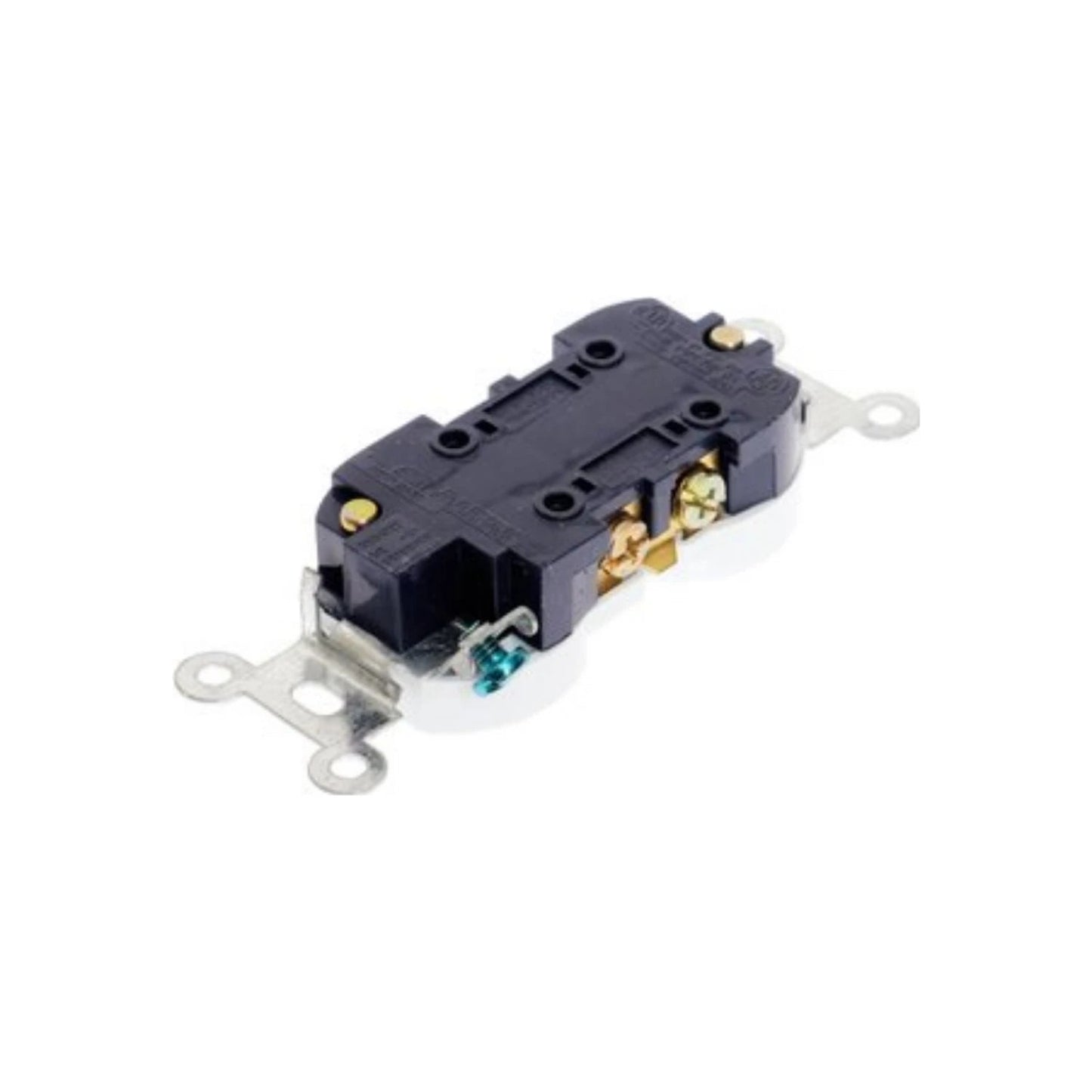Receptáculo eléctrico dúplex negro, vista posterior con terminales de tornillo para cableado residencial y comercial.