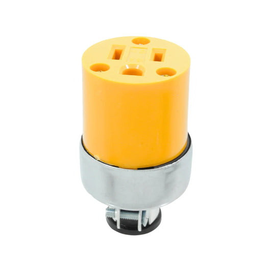 Fabricada de plástico ABS,Contacto aterrizado con abrazadera metálica.,125 V – 15 A,Amarillo.