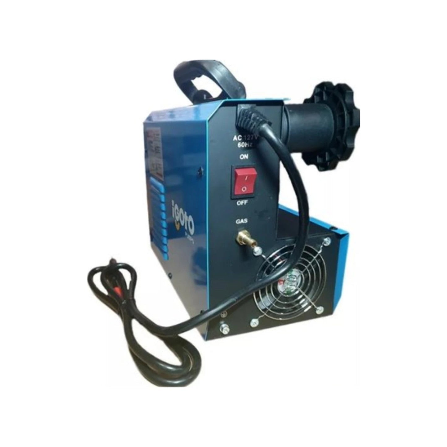 Soldadora inversora Igoto MIG/MAG/TIG azul, 130A, con panel de control y sistema de ventilación.