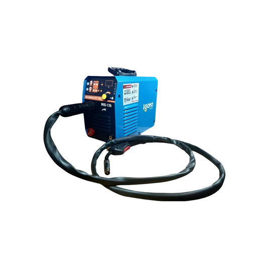 Soldadora inversora azul Igoto MIG-135 para procesos MIG/MAG/TIG, con torcha y cable.
