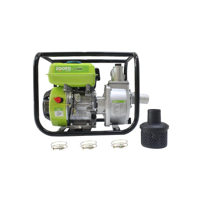 Motobomba de gasolina Igoto 6.5 HP 2x2 pulgadas, motor verde lima, con bomba de agua y accesorios.