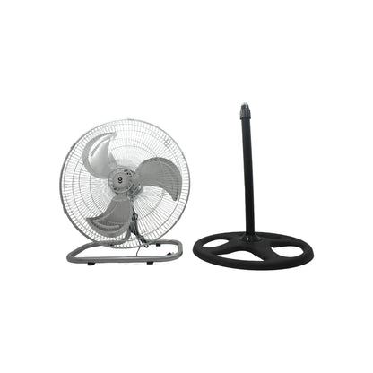 Ventilador Igoto 3 en 1 de piso y pedestal, metálico gris con aspas y rejilla, base de plástico negro.