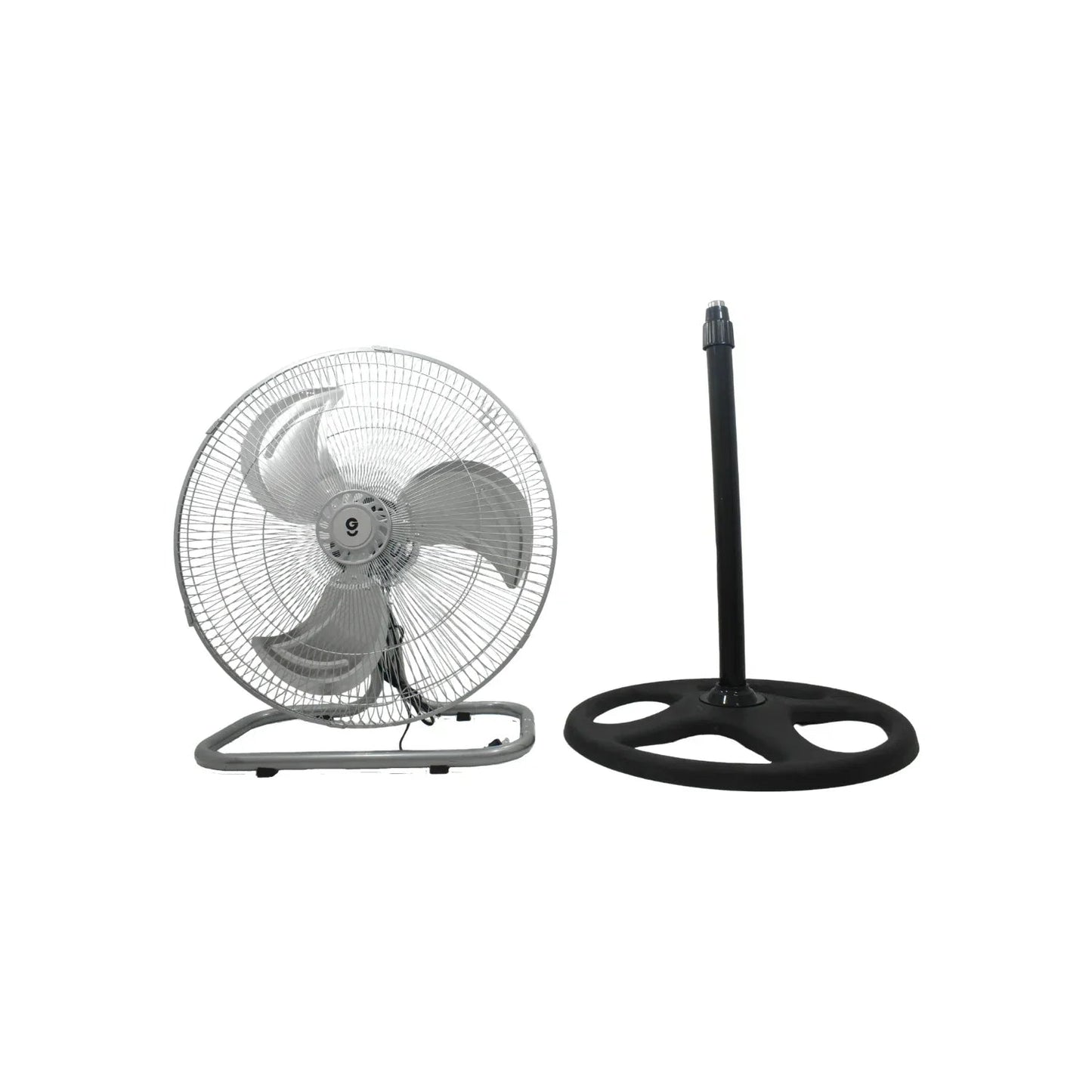 Ventilador metálico gris de piso y pedestal, convertible 3 en 1 con base negra circular