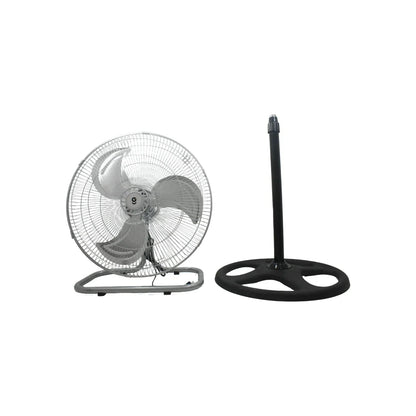 Ventilador metálico gris de piso y pedestal, convertible 3 en 1 con base negra circular