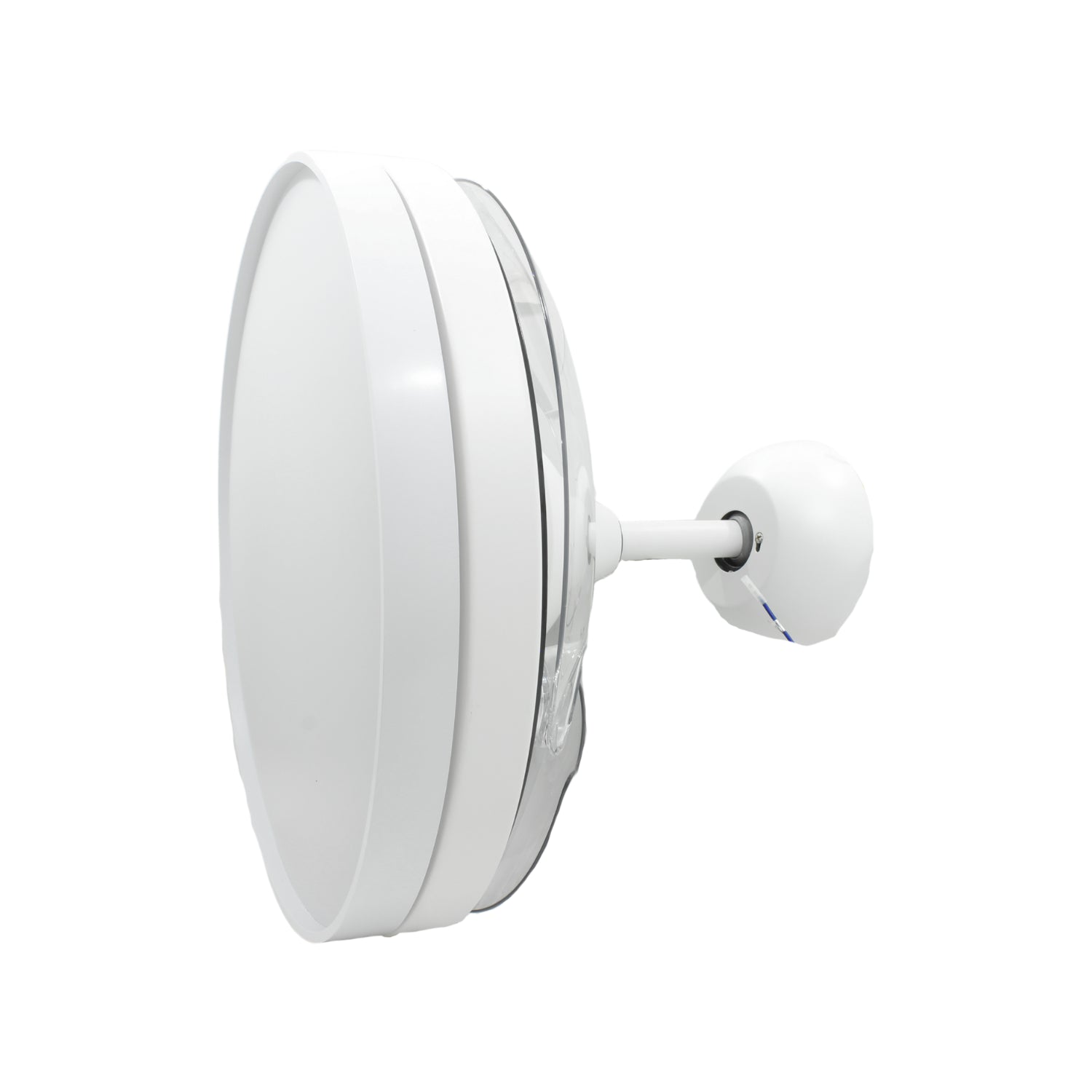 Ventilador de techo blanco moderno con luz LED integrada, diseño compacto y silencioso para el hogar u oficina.