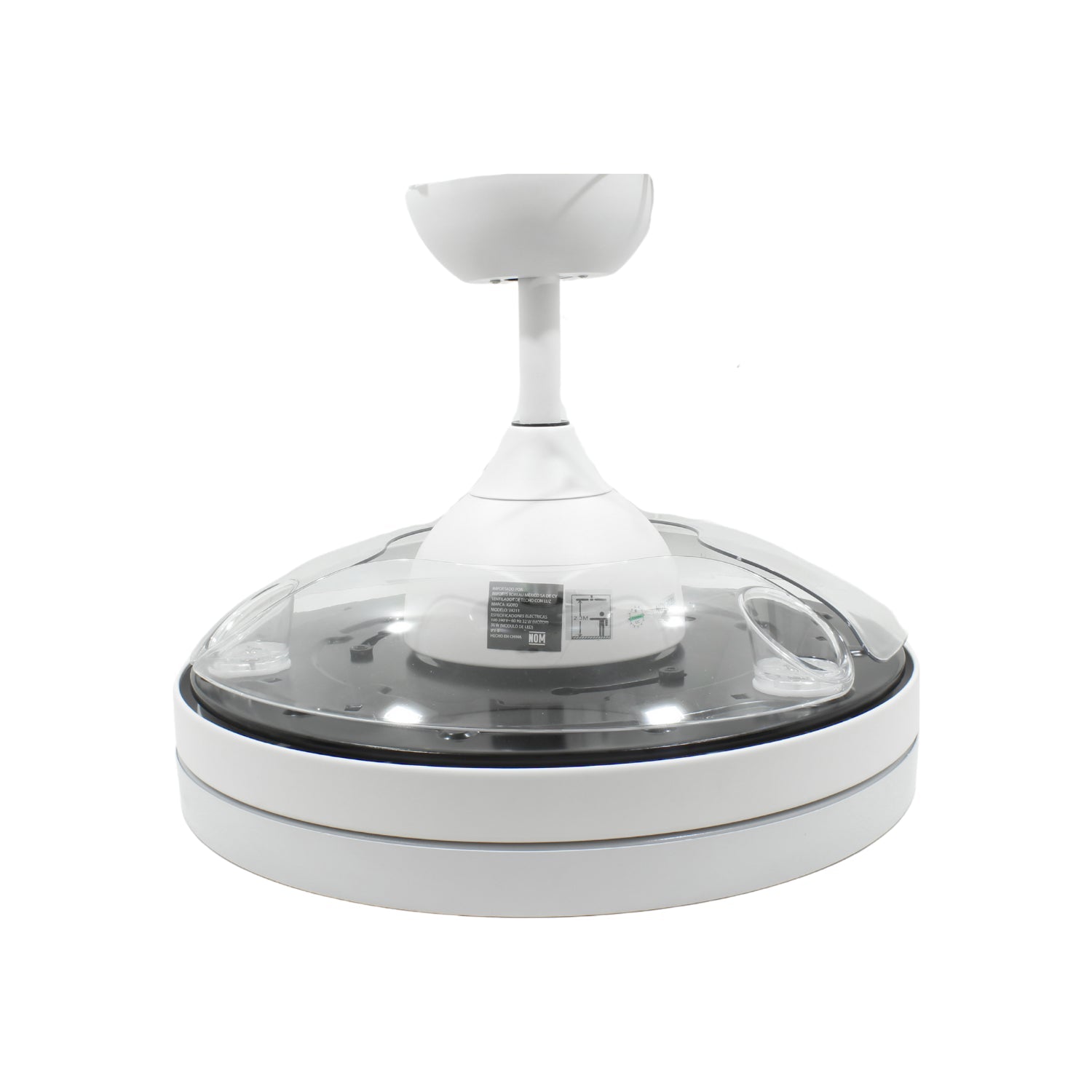 Ventilador de techo blanco moderno con luz LED integrada, diseño compacto y sin aspas visibles