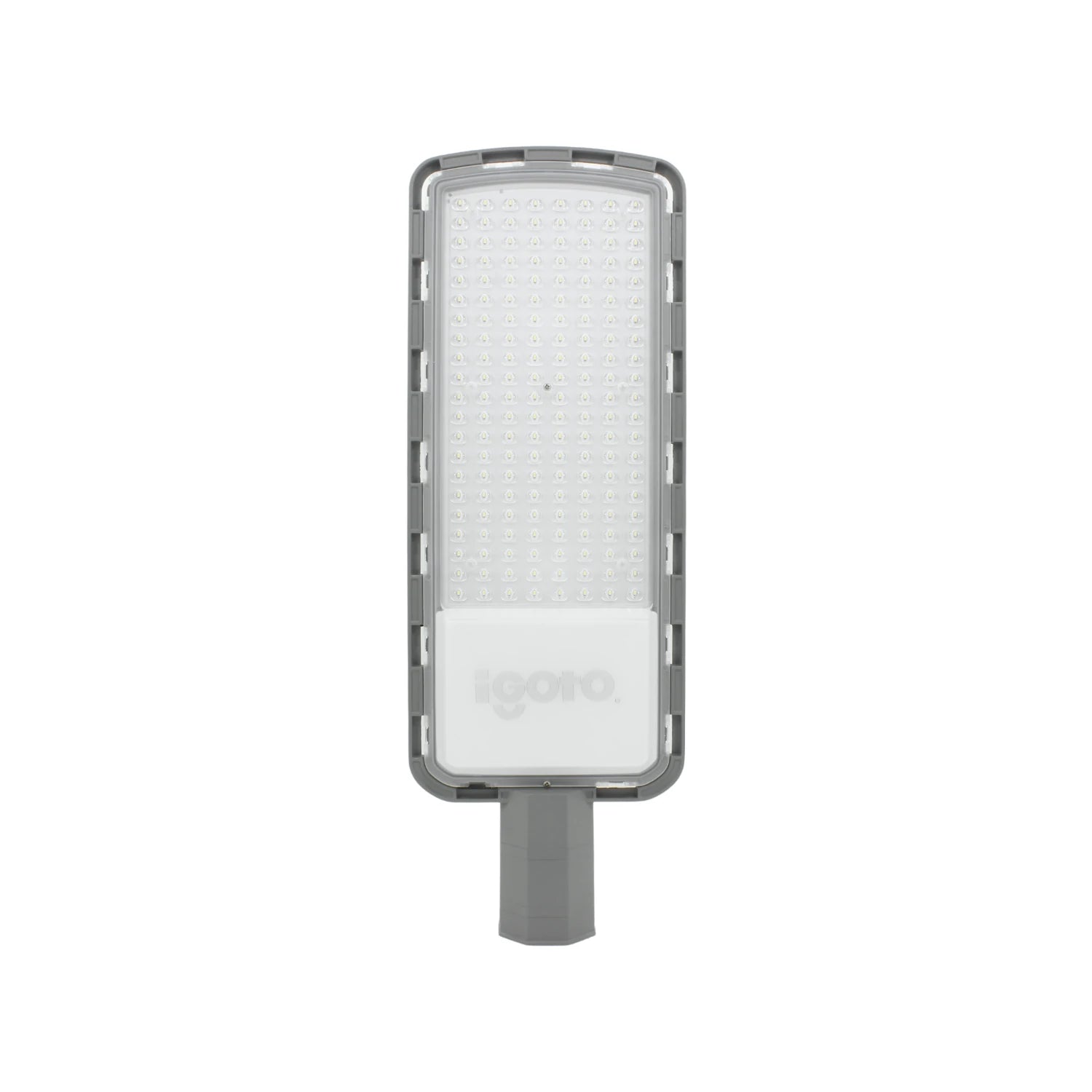 Luminaria LED Igoto gris rectangular para alumbrado público. Farol exterior de alta eficiencia energética.