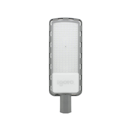 Luminaria LED Igoto gris rectangular para alumbrado público. Farol exterior de alta eficiencia energética.