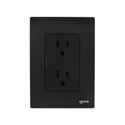 Placa eléctrica doble Igoto negra con dos tomas de corriente, diseño moderno y acabado brillante.