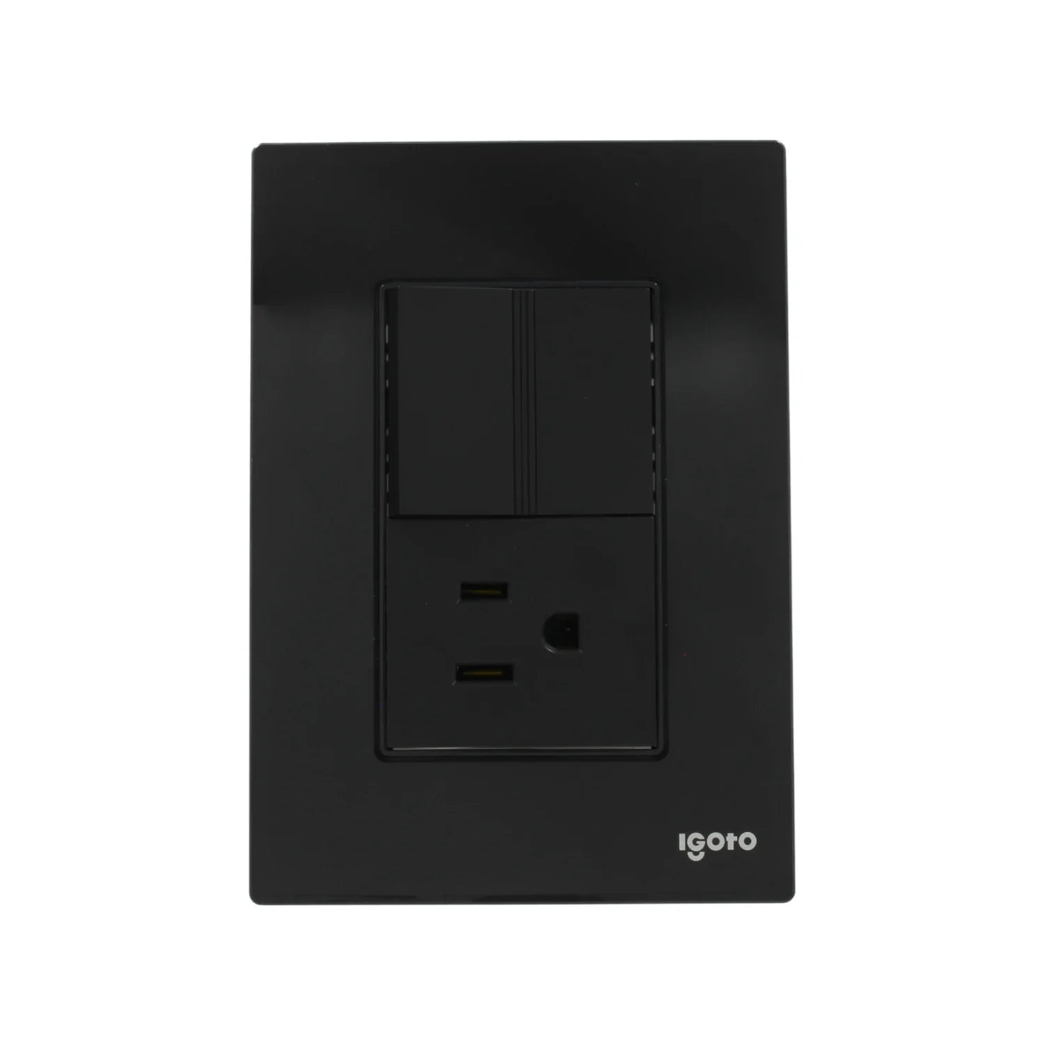 Placa eléctrica negra Igoto con dos interruptores de luz y un contacto de pared