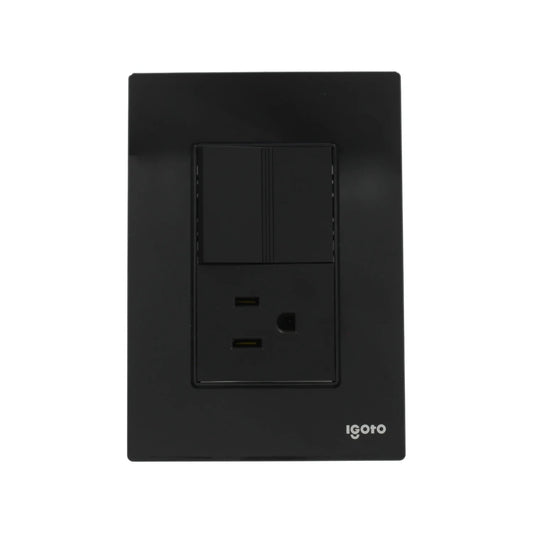 Placa eléctrica negra Igoto con dos interruptores de luz y un contacto de pared