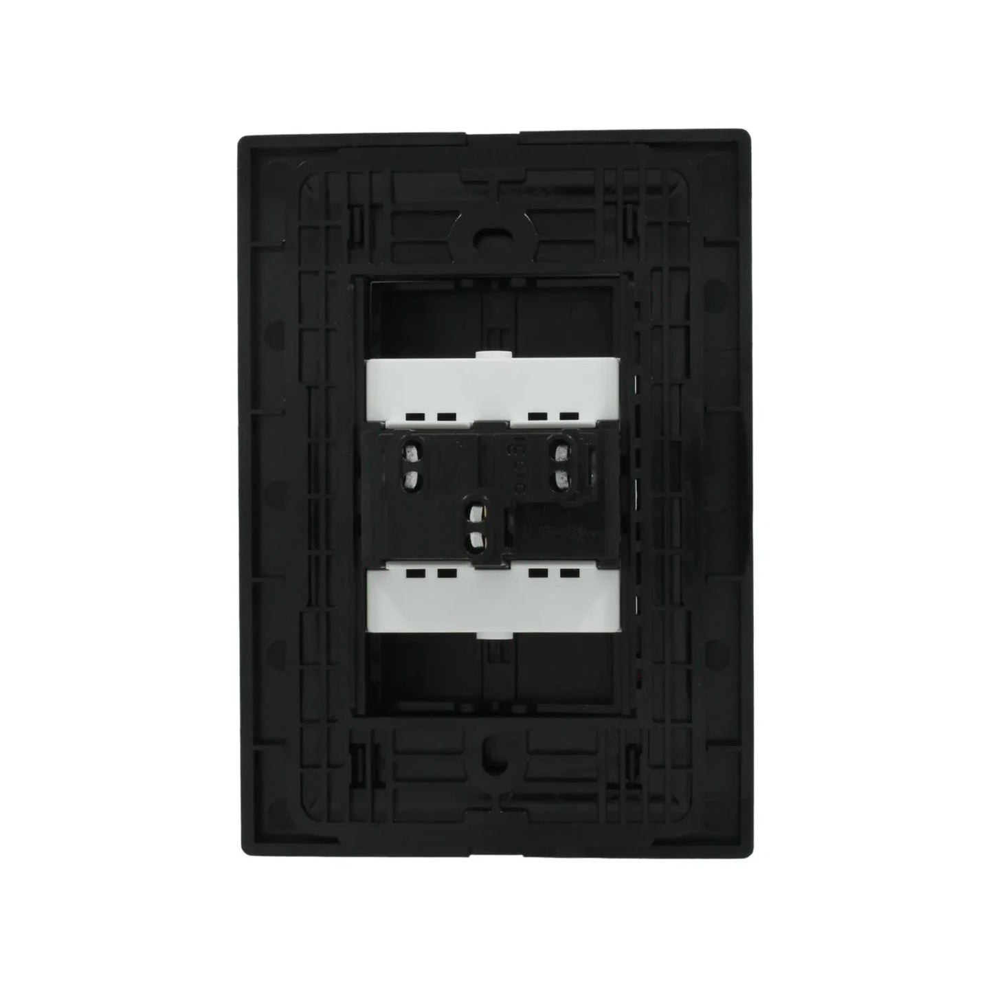 Bastidor interno negro Igoto para instalación eléctrica con dos módulos de interruptor blancos, vista trasera