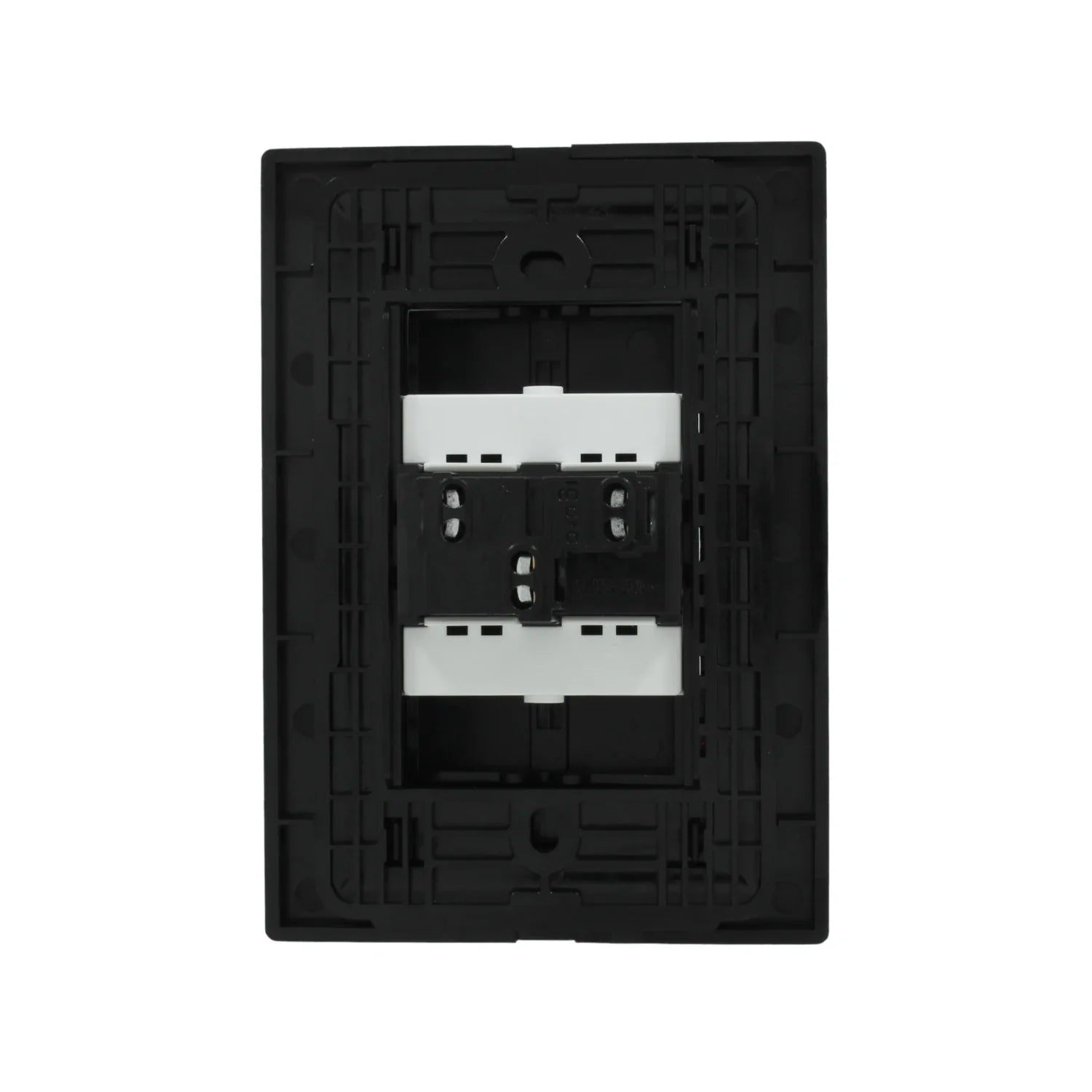 Bastidor interno negro Igoto para instalación eléctrica con dos módulos de interruptor blancos, vista trasera