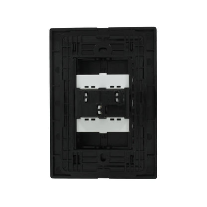 Bastidor interno negro Igoto para instalación eléctrica con dos módulos de interruptor blancos, vista trasera