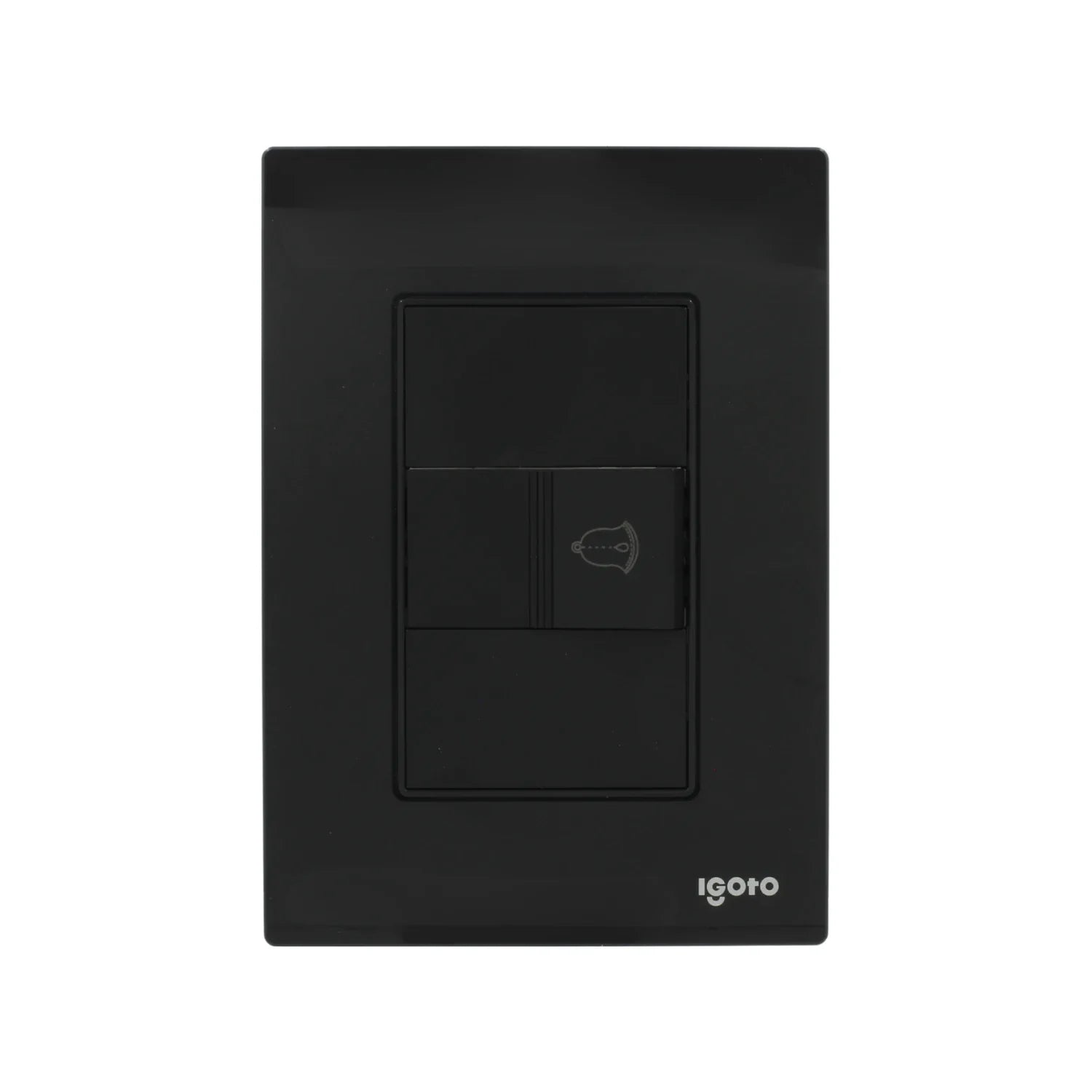 Placa modular negra Igoto con botón para timbre y módulo ciego, acabado crystal.