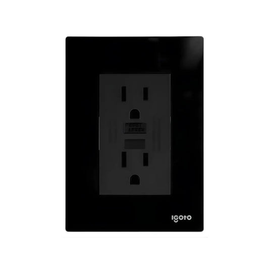 Contacto dúplex GFCI Igoto color negro con placa decorativa de vidrio para instalación eléctrica residencial