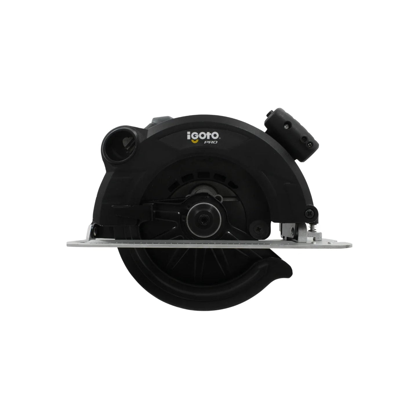 Sierra circular Igoto PRO negra con base de metal, ideal para cortes precisos en carpintería profesional