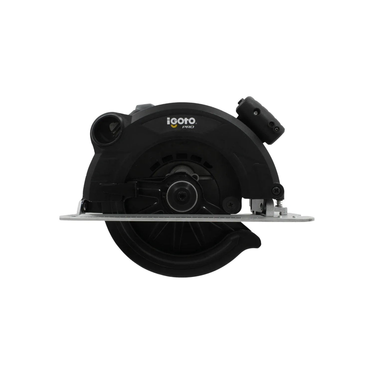 Sierra circular Igoto PRO negra con base de metal, ideal para cortes precisos en carpintería profesional