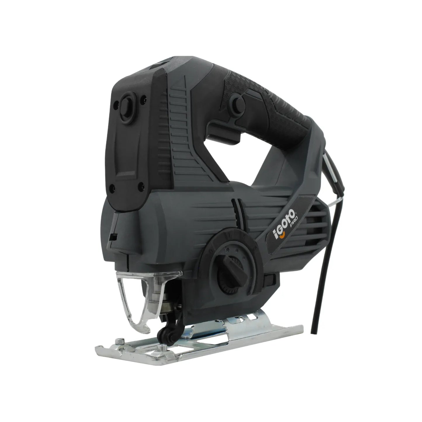 Sierra caladora eléctrica Igoto PRO gris oscuro con velocidad variable, mango ergonómico y base metálica