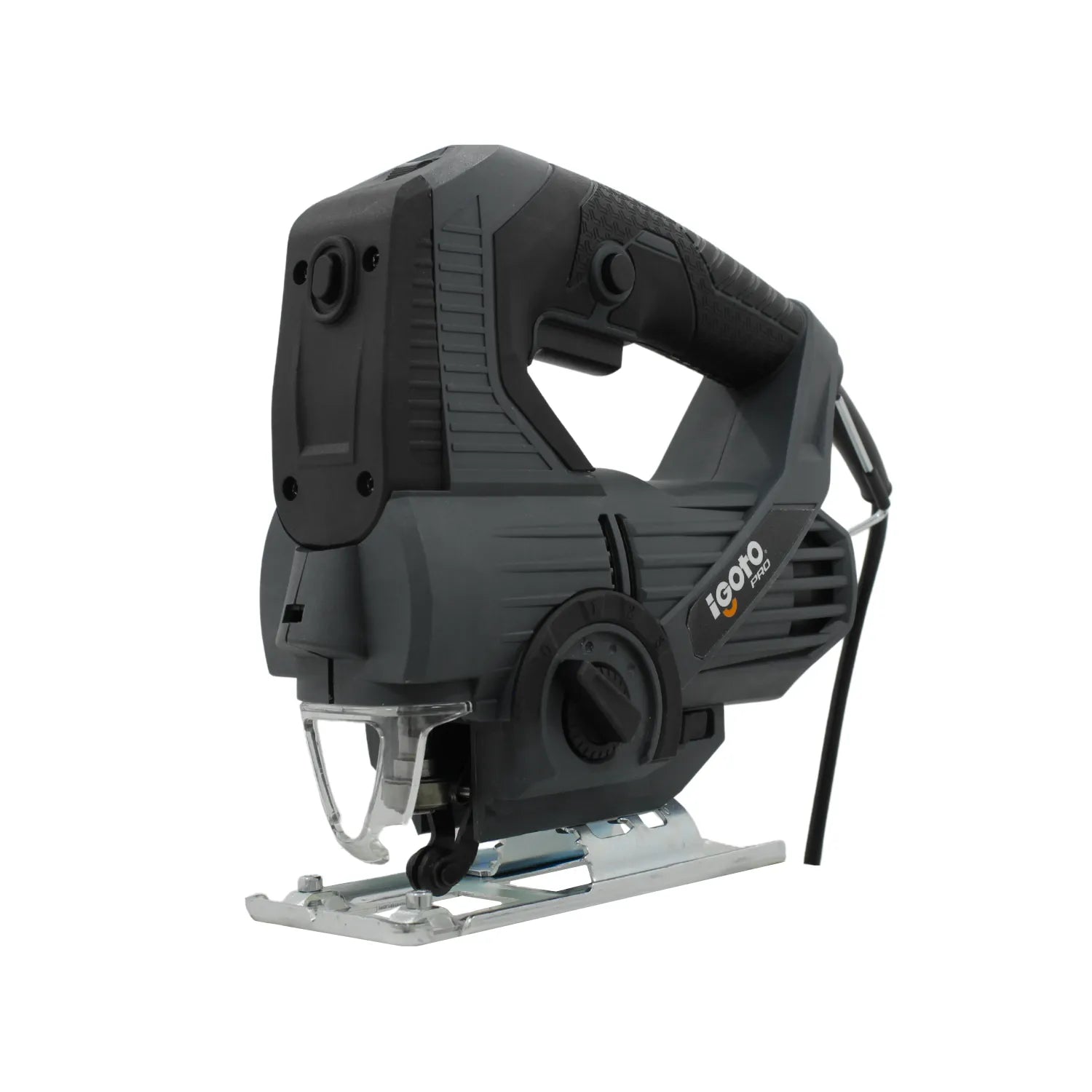 Sierra caladora eléctrica Igoto PRO gris oscuro con velocidad variable, mango ergonómico y base metálica
