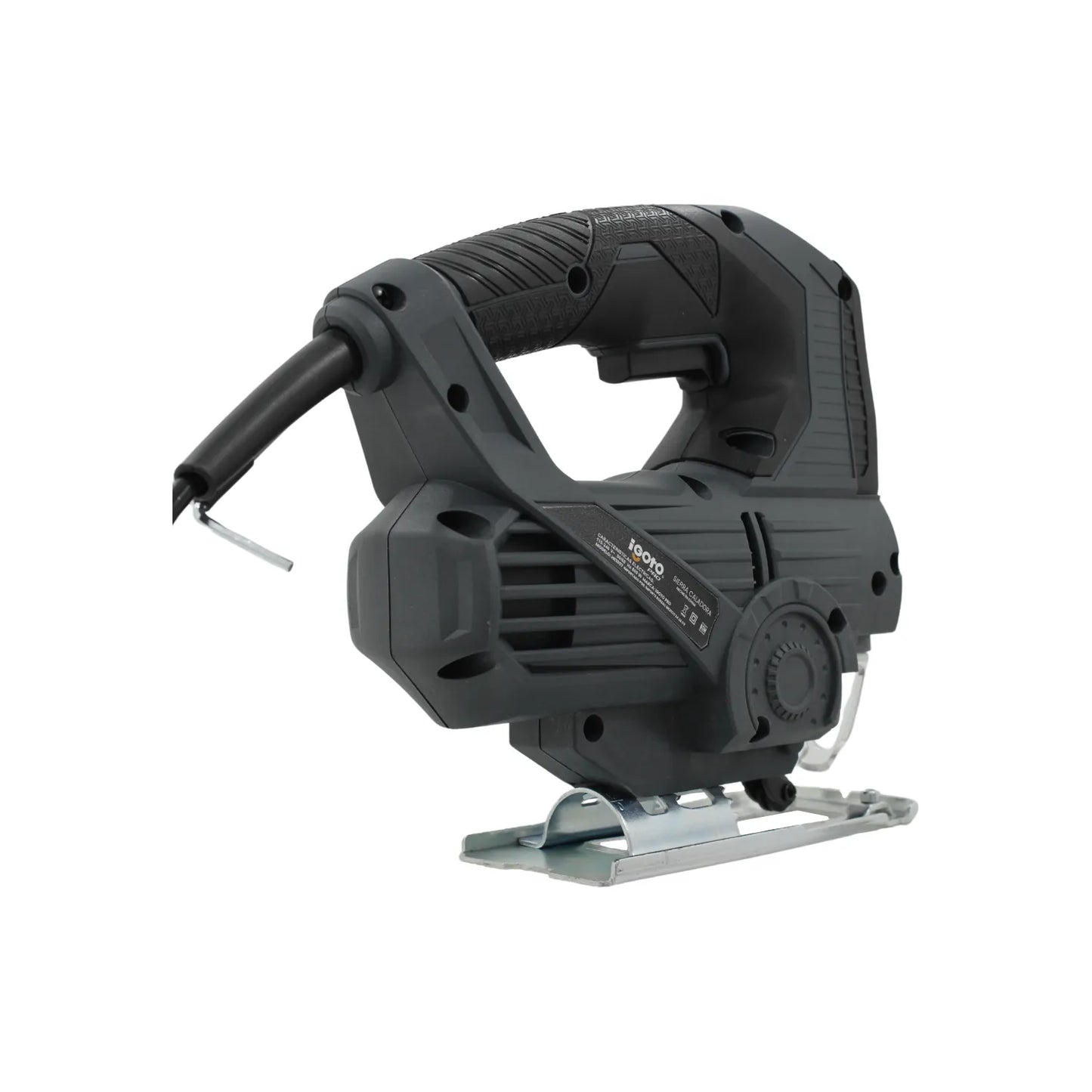 Sierra caladora eléctrica Igoto profesional 800W gris oscuro con empuñadura ergonómica y base de metal.