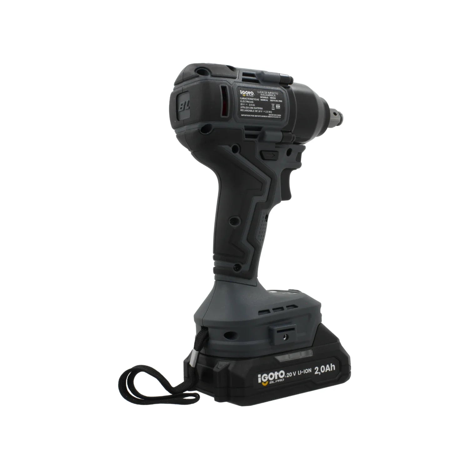 Llave de impacto Igoto inalámbrica 20V BL PRO, batería de litio 2.0Ah, color gris oscuro