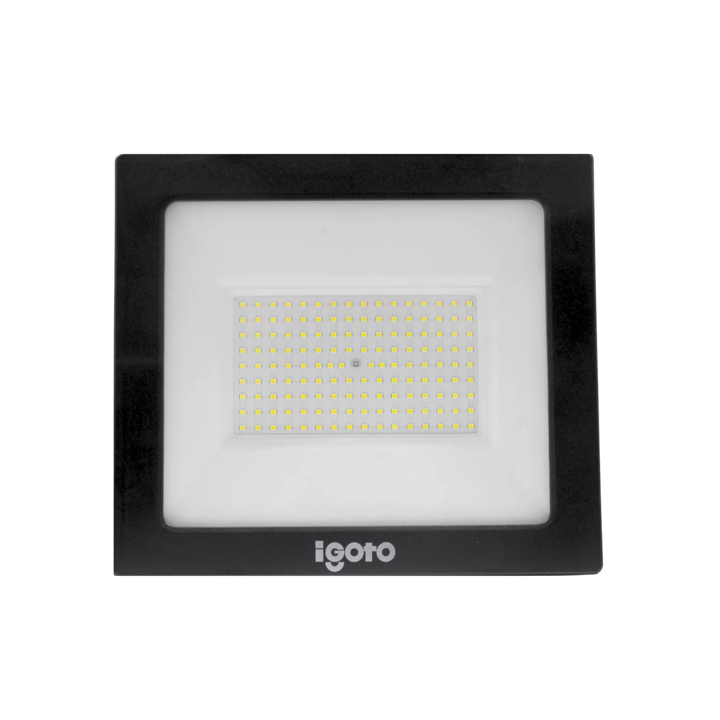 Reflector LED Igoto de 100W luz fría, con marco negro, resistente al agua IP65 para exteriores.