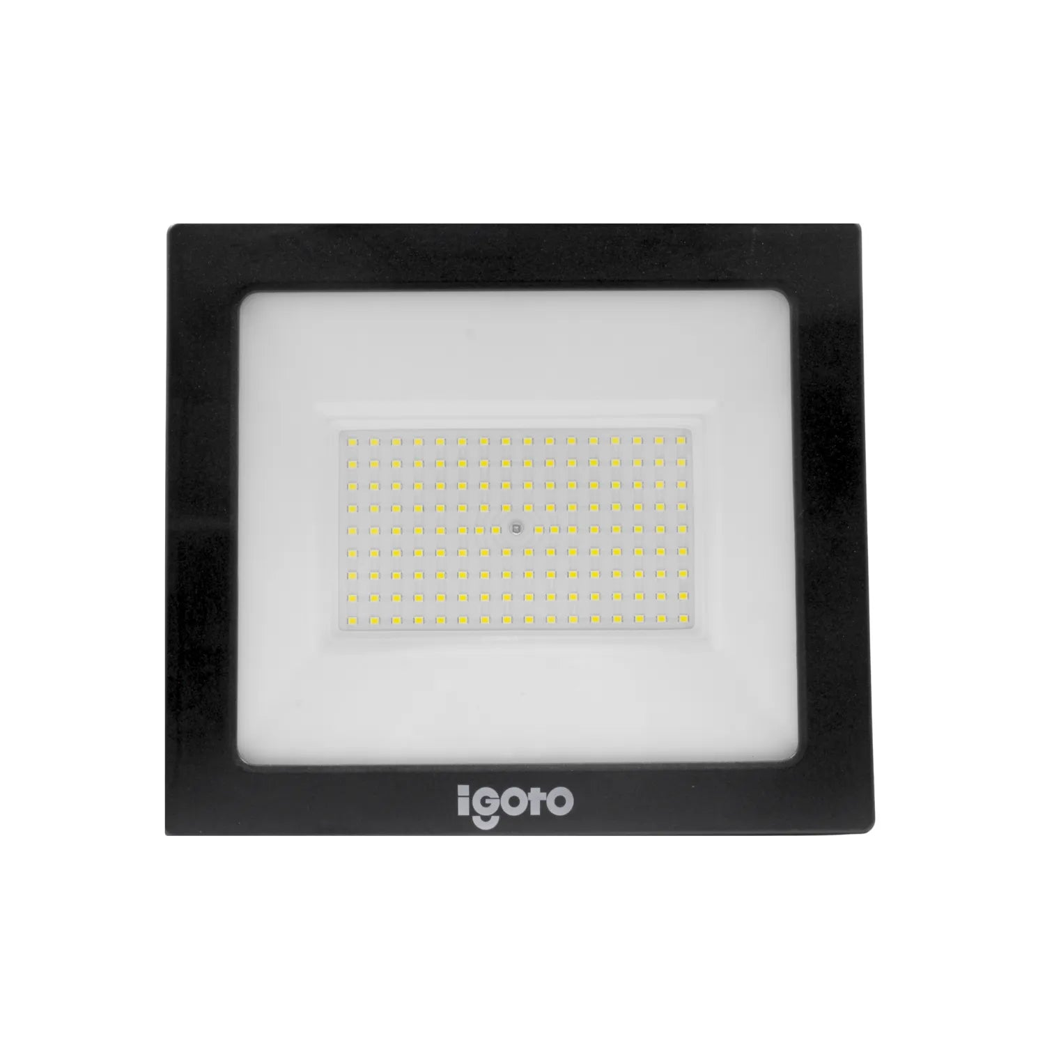 Reflector LED Igoto de 100W luz fría, con marco negro, resistente al agua IP65 para exteriores.