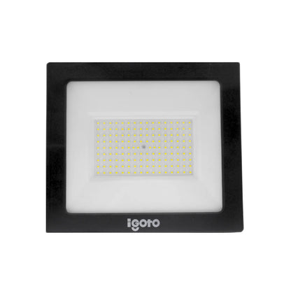 Reflector LED Igoto de 100W luz fría, con marco negro, resistente al agua IP65 para exteriores.