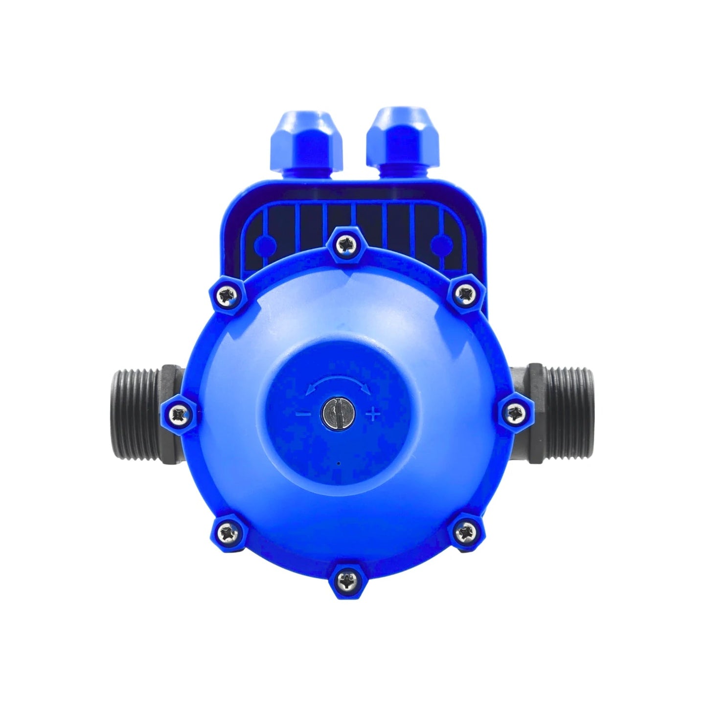 Control automático de presión para bomba de agua, azul, con conexiones roscadas y eléctricas, ajuste de presión.